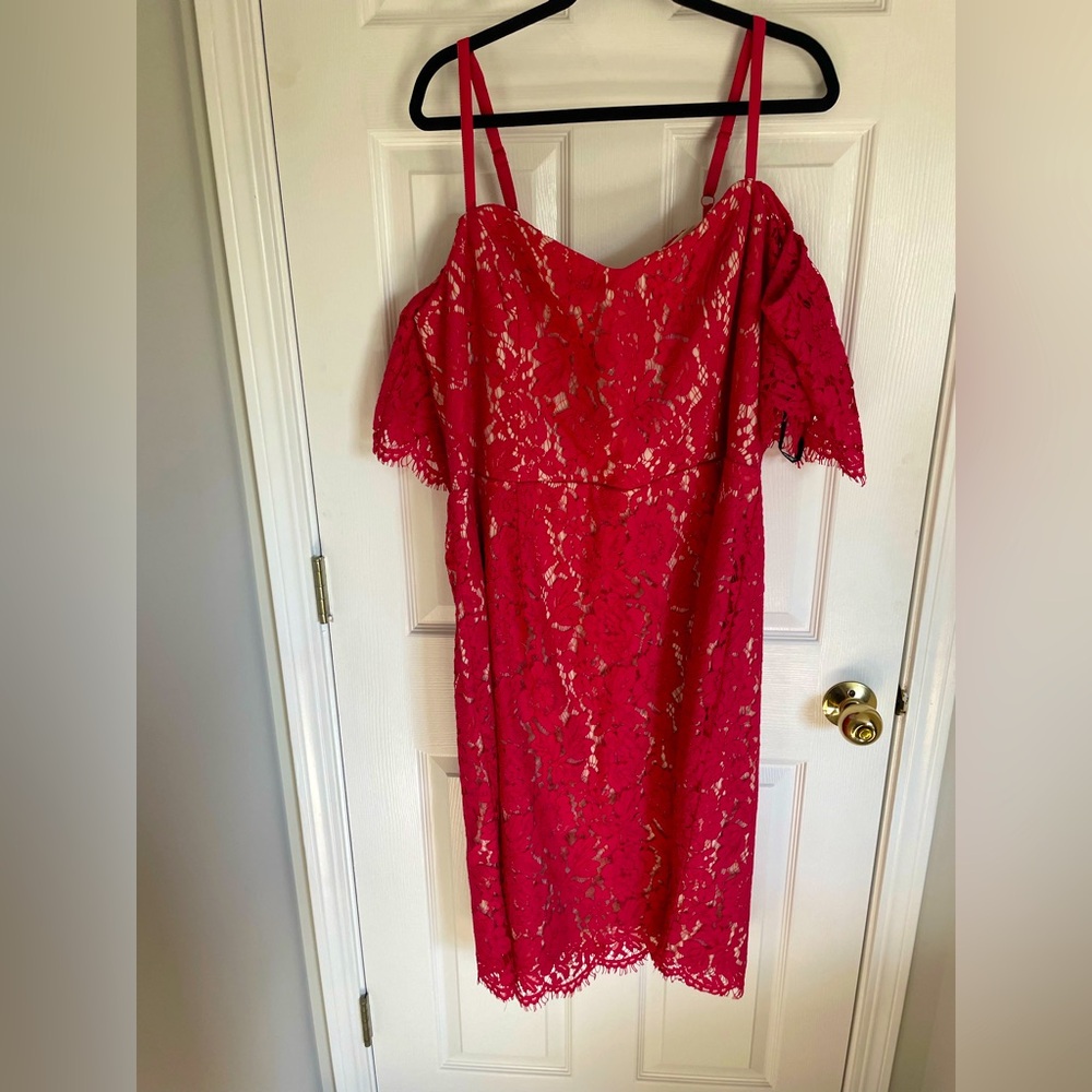 City Chic red lace over beige off the shoulder dress